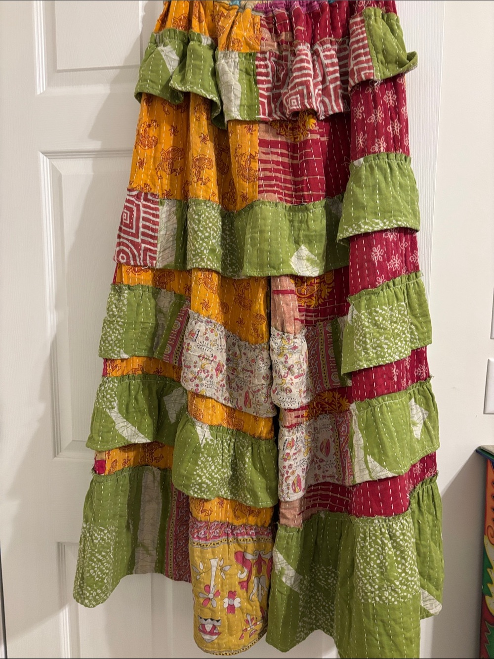 Bohemian Tiered Patchwork Maxi Pants in Green & Yellow - Picture 5 of 6